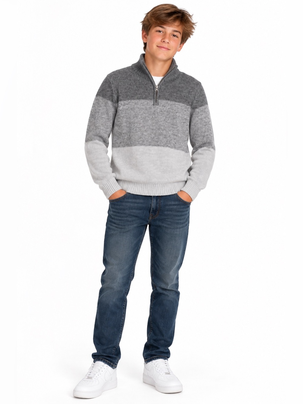 COMMERCE Darrell Long Sleeve Sz 16 Pullover 1/4 Zip Sweater Ombré Shades of Gray